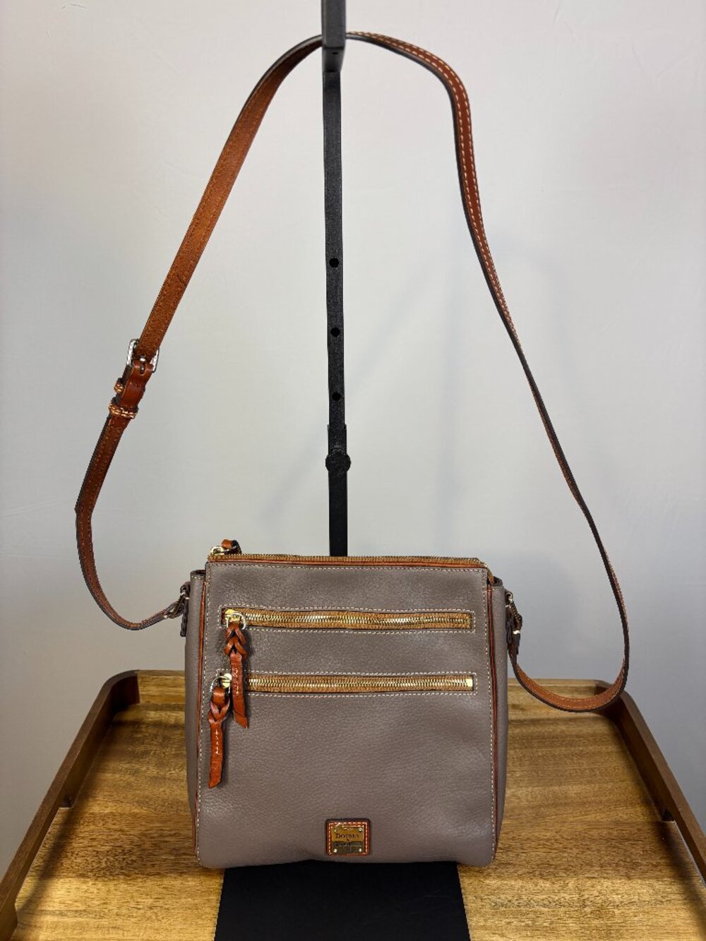 Dooney & Bourke Dark Gray Pebbled Leather Triple Zip Crossbody